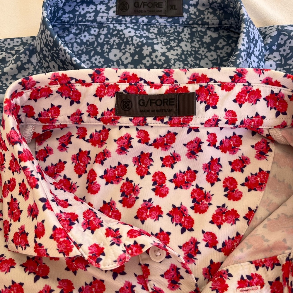G/FORE Men's White, Pink, Red and Blue Floral Polo Shirts Size XL